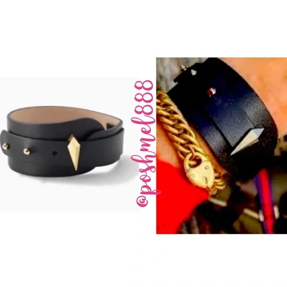 Stella & Dot | Elegantly Edgy Black Leather + Gold Deanna Cuff Bracelet - Picture 1 of 8